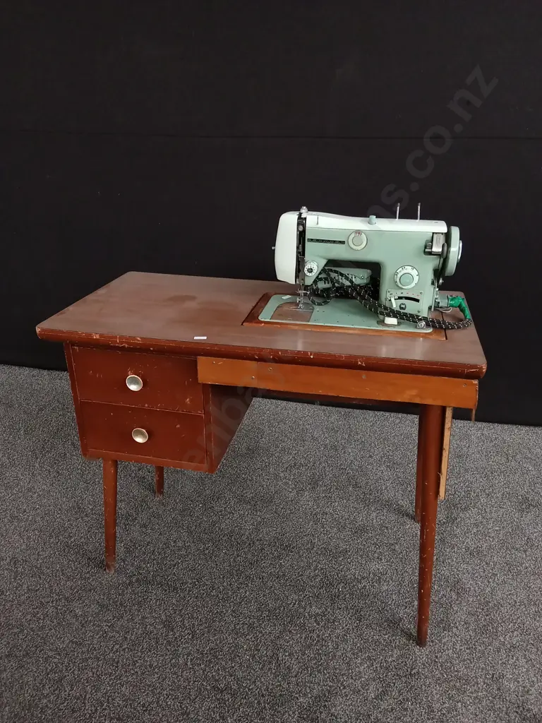 1960S MID CENTURY MODERN TOYOTA ZIGZAG SEWING MACHINE WITH ORIGINAL WOODEN CABINET DESK SET Image 1++