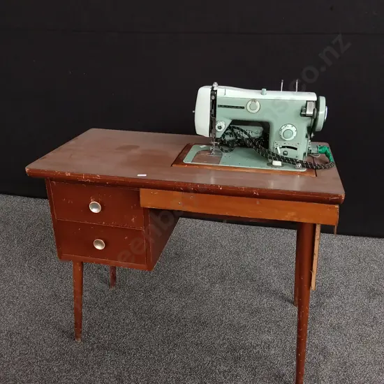 1960S MID CENTURY MODERN TOYOTA ZIGZAG SEWING MACHINE WITH ORIGINAL WOODEN CABINET DESK SET