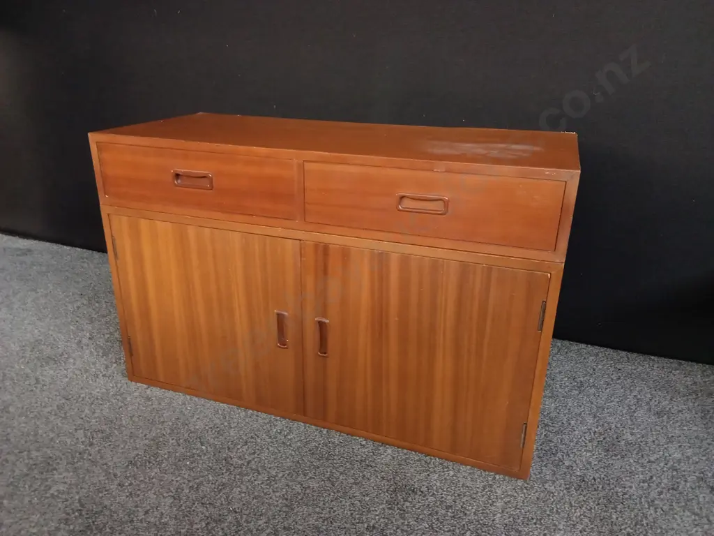 VINTAGE MID CENTURY MODERN TEAK MODULAR CABINETS, 2 PIECES STACKED MISSING INNER SHELF, H 58.5 CM X D 38 CM X W 91.5 CM Image 1++