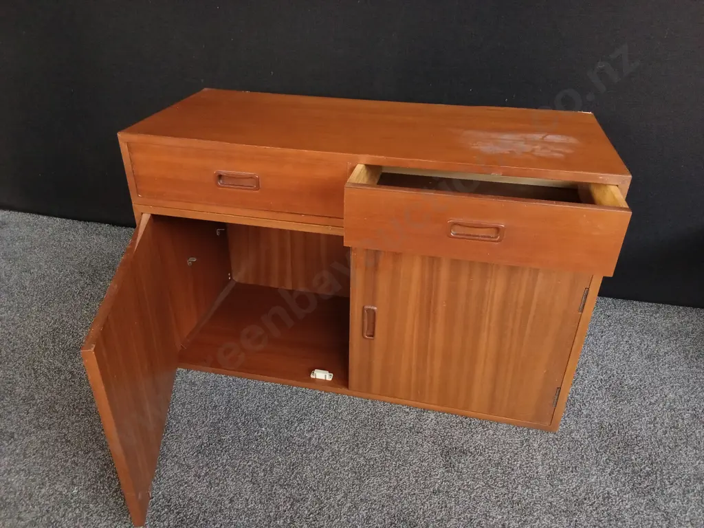 VINTAGE MID CENTURY MODERN TEAK MODULAR CABINETS, 2 PIECES STACKED MISSING INNER SHELF, H 58.5 CM X D 38 CM X W 91.5 CM Image 1++