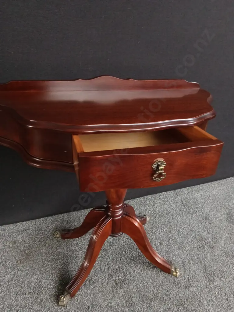 VINTAGE MAHOGANY DEMILUNE CONSOLE/ TELEPHONE TABLE WITH BRASS DETAIL ON FEET W 82.5 CM X H 71 CM X D 39 CM Image 1++