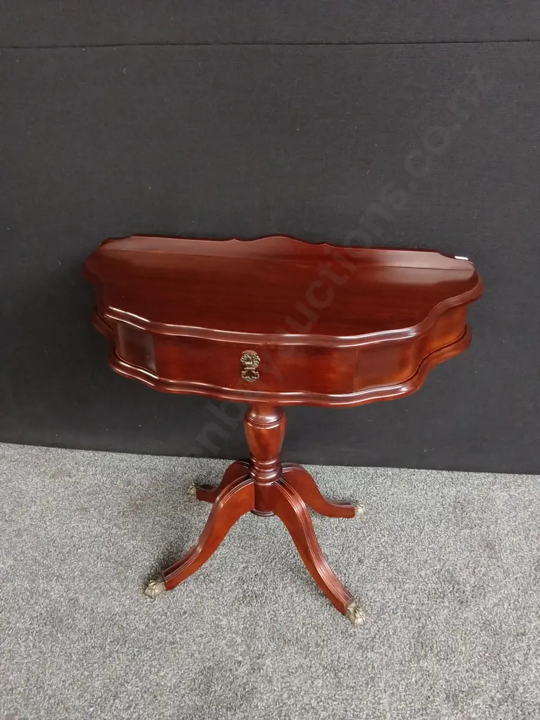 VINTAGE MAHOGANY DEMILUNE CONSOLE/ TELEPHONE TABLE WITH BRASS DETAIL ON FEET W 82.5 CM X H 71 CM X D 39 CM Image 1++