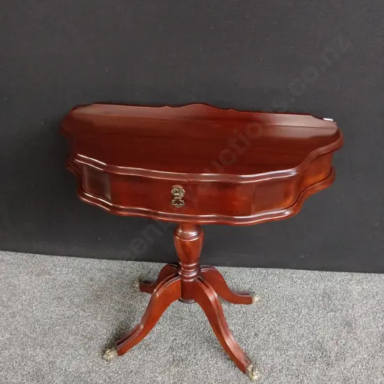 VINTAGE MAHOGANY DEMILUNE CONSOLE/ TELEPHONE TABLE WITH BRASS DETAIL ON FEET W 82.5 CM X H 71 CM X D 39 CM
