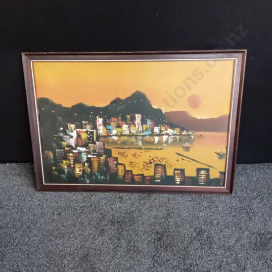 FRAMED CITY LANDSCAPE OIL PAINTING