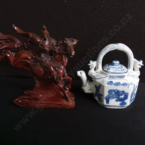 VINTAGE CHINESE DECOR, RED RESIN GUAN GONG WARRIOR STATUE AND PORCELAIN DRAGON TEAPOT