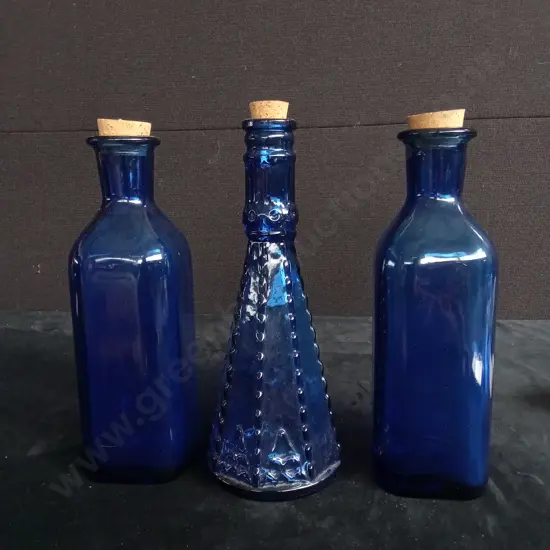 VINTAGE COBALT BLUE GLASS DECANTER AND 2 VINTAGE COBALT BLUE BOTTLES
