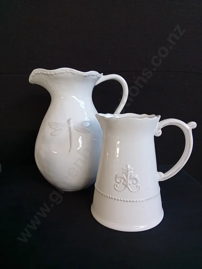PAIR OF STONEWARE PITCHERS, FRENCH COUNTRY DRAGONFLY JUG AND RUFFLED RIM HORGANS JUG Image 1++