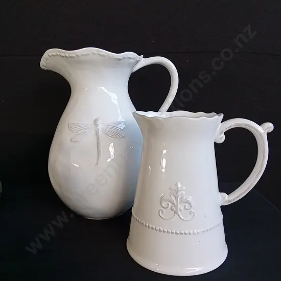 PAIR OF STONEWARE PITCHERS, FRENCH COUNTRY DRAGONFLY JUG AND RUFFLED RIM HORGANS JUG