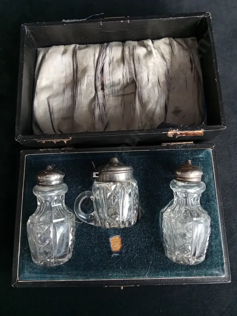 ANTIQUE CRUET SET WITH SILVER TOPS Image 1++