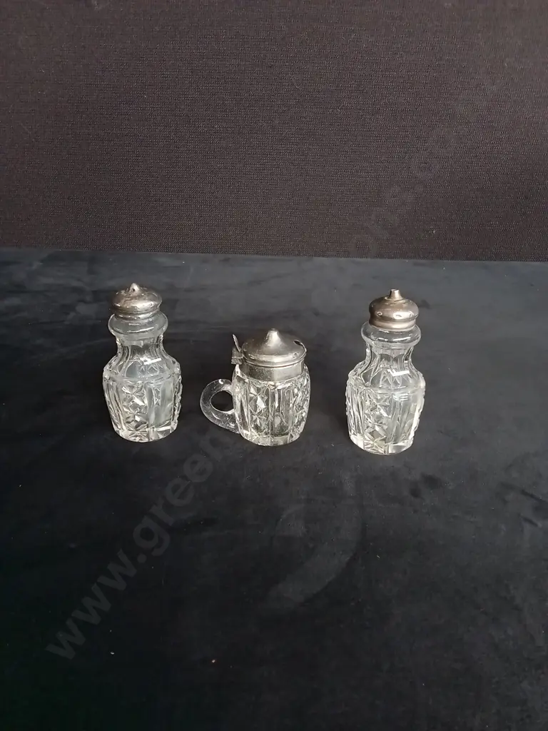 ANTIQUE CRUET SET WITH SILVER TOPS Image 1++