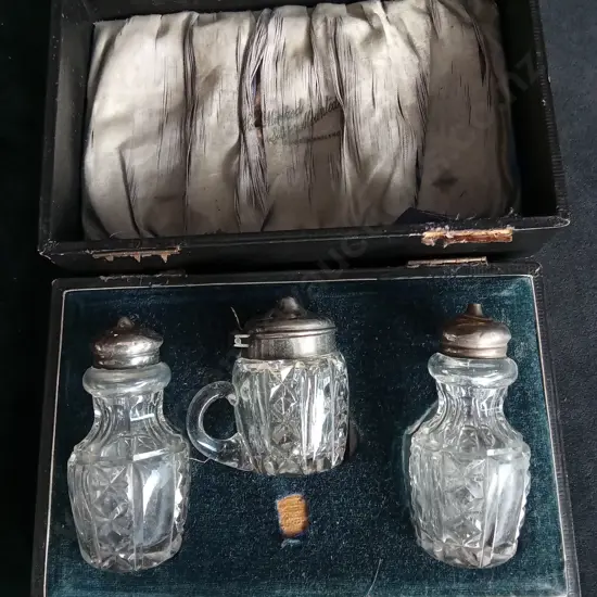 ANTIQUE CRUET SET WITH SILVER TOPS