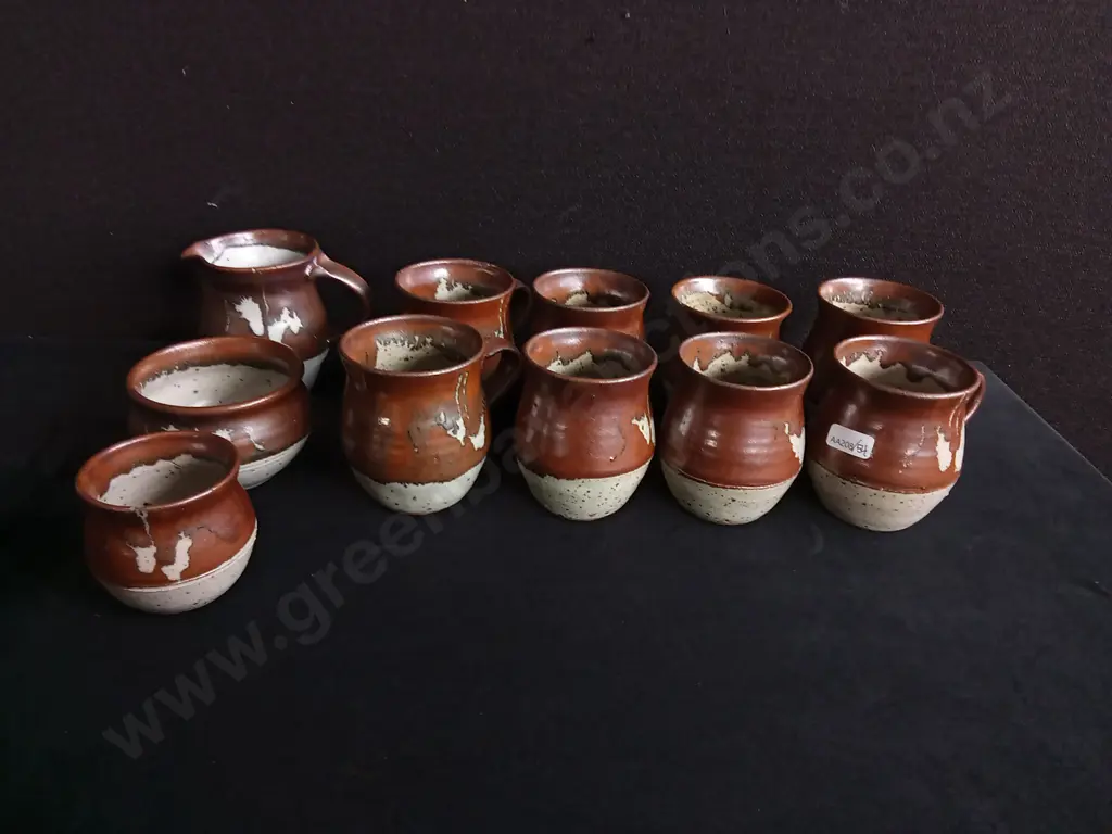 SET OF 11 VINTAGE BENNETT WELSH STUDIO POTTERY, INCLUDING MUGS, PITCHER, AND BOWLS Image 1++
