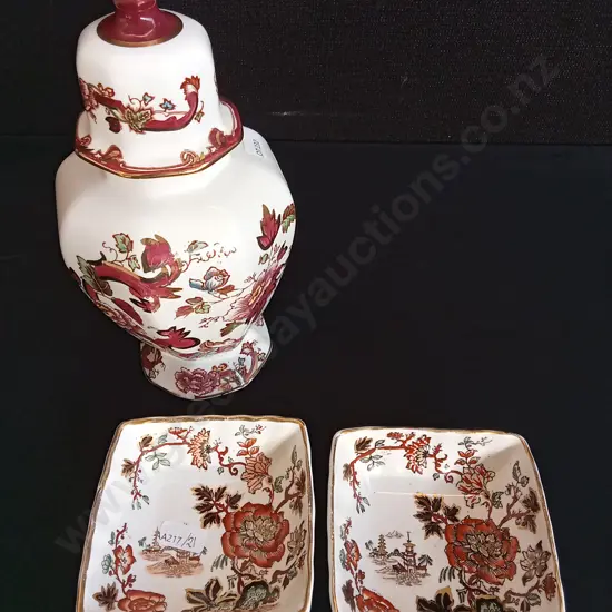 MASON'S IRONSTONE MANDALAY RED TOKYO GINGER JAR (24CM) AND 2 MASON'S GOLDEN AZALEA SQUARE TRINKET DISHES