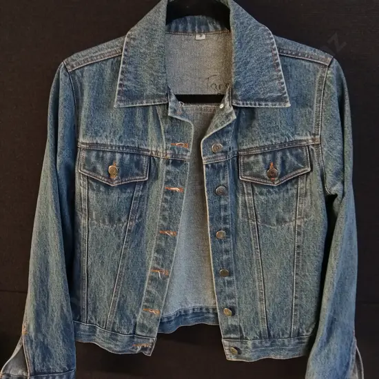PAIR OF DENIM JACKETS WITH BEDDAZLED WELSH DRAGON ON BACK, SIZE 8 AND 18