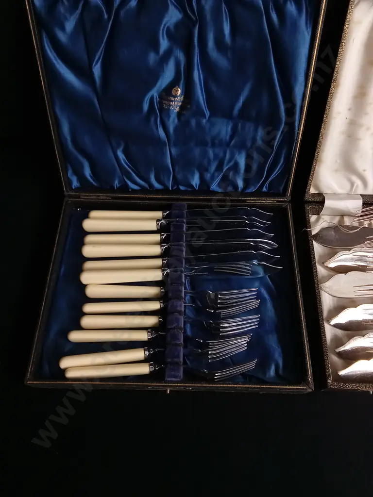 3 VINTAGE BOXED DUTLERY SETS, STAINLESS CHRONIUM PLATE AND EPNS FISH EATER SETS AND DESSERT SPOONS Image 1++