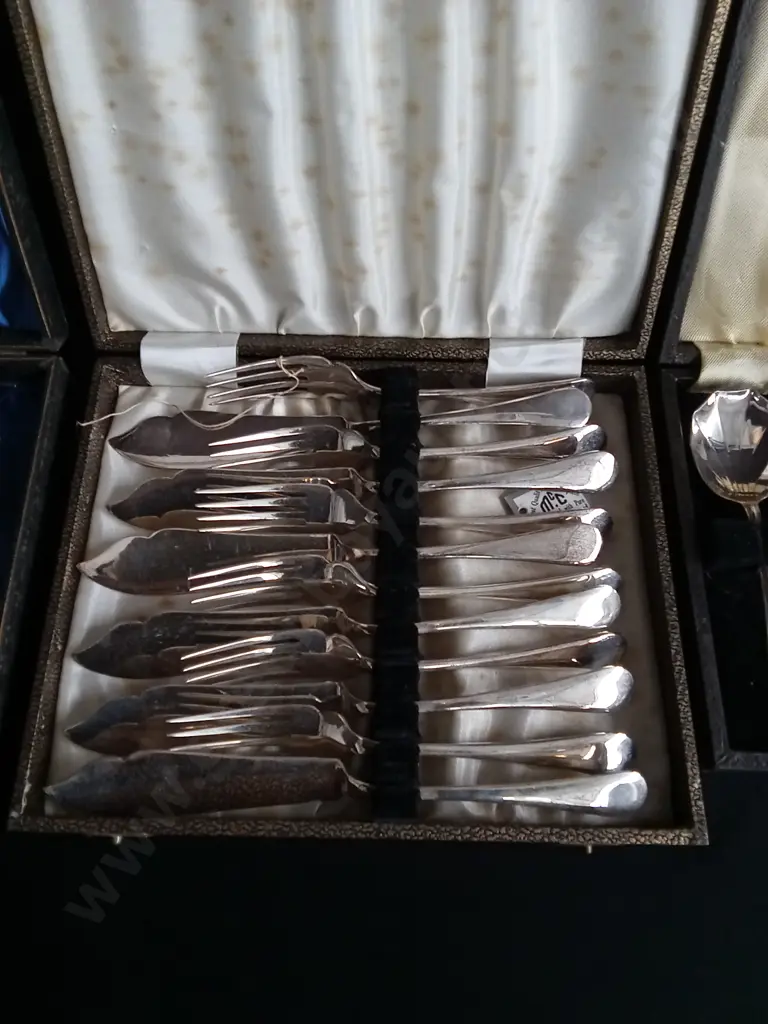 3 VINTAGE BOXED DUTLERY SETS, STAINLESS CHRONIUM PLATE AND EPNS FISH EATER SETS AND DESSERT SPOONS Image 1++