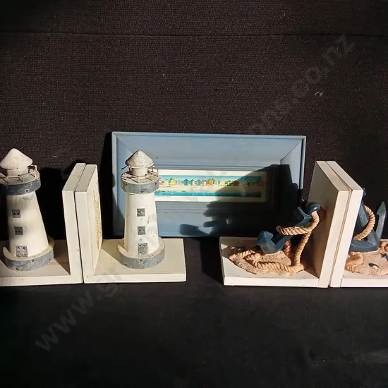 NAUTICAL BOOKENDS AND FRAMED PICTURE