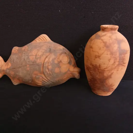 PAIR OF VINTAGE PIT FIRED POTTERY, INCLUDING VASE AND FISH WALL DECOR
