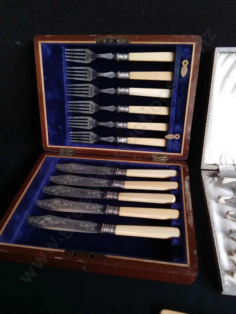 2 VINTAGE FISH CUTLERY SETS, IN CASES, ONE BROKEN KNIFE Image 1++