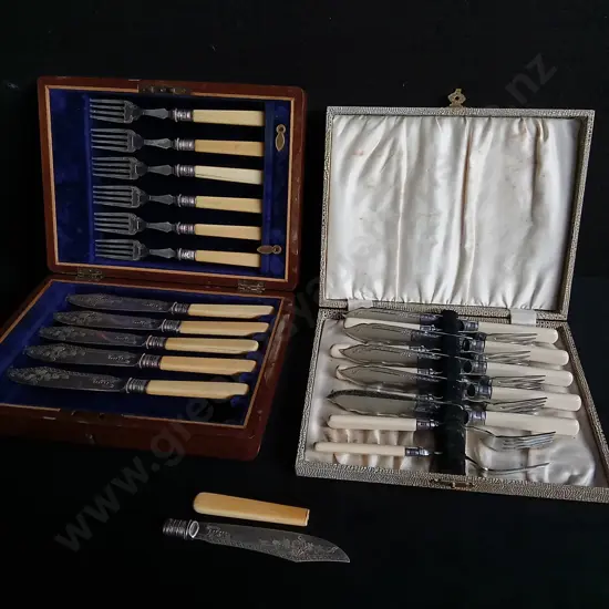 2 VINTAGE FISH CUTLERY SETS, IN CASES, ONE BROKEN KNIFE