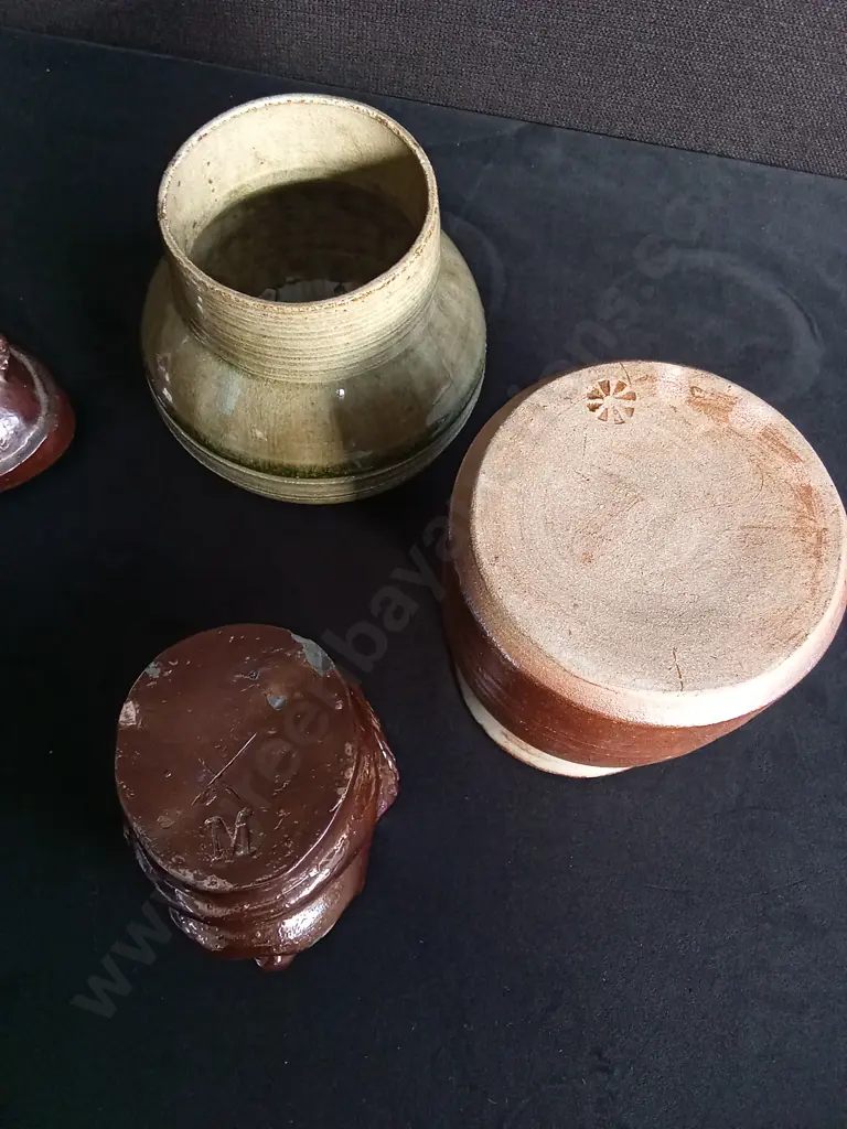 3 PIECES VINTAGE STUDIO POTTERY ITEMS LIDDED FACE VESSEL AND VASES Image 1++