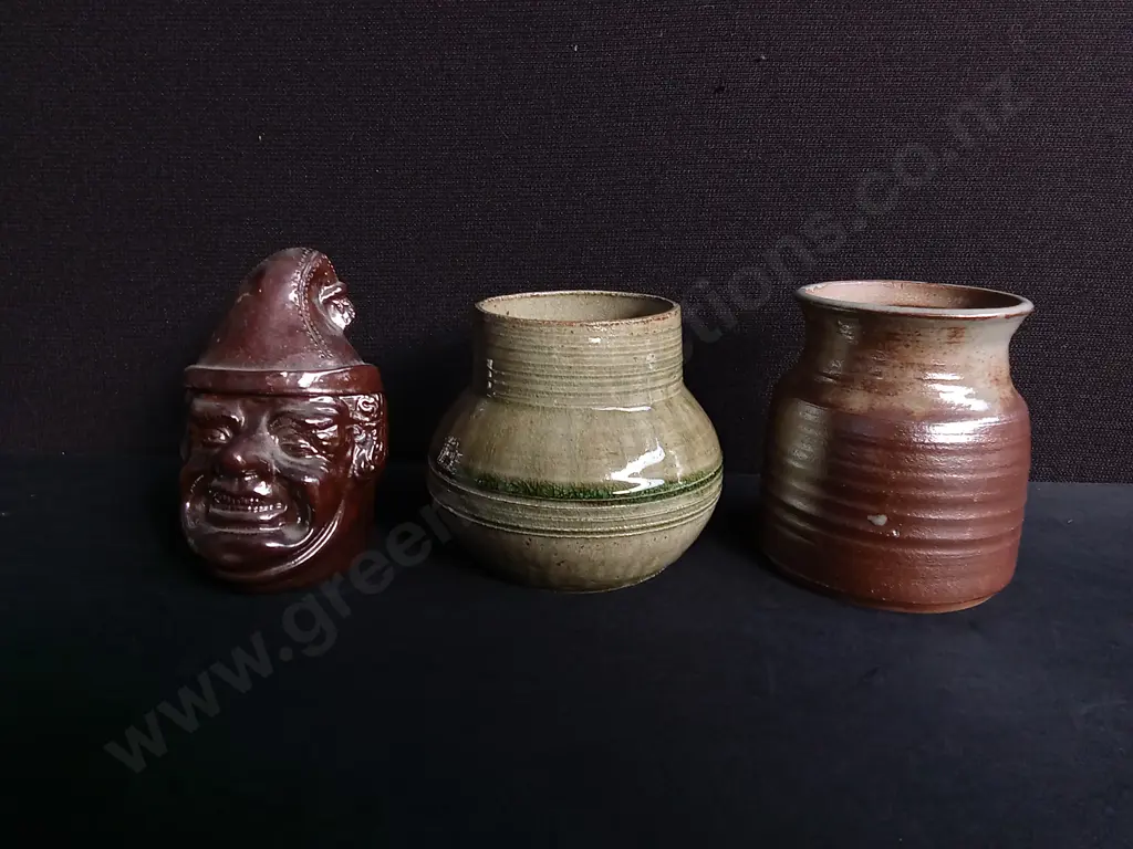 3 PIECES VINTAGE STUDIO POTTERY ITEMS LIDDED FACE VESSEL AND VASES Image 1++