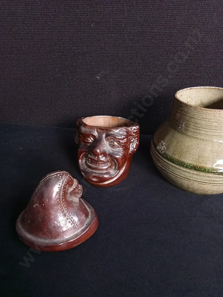 3 PIECES VINTAGE STUDIO POTTERY ITEMS LIDDED FACE VESSEL AND VASES Image 1++