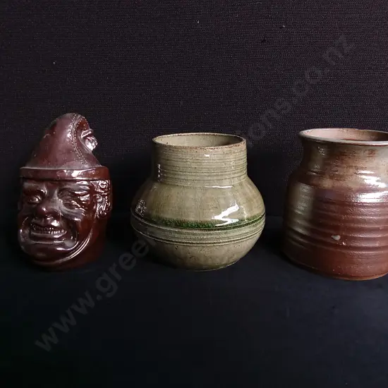 3 PIECES VINTAGE STUDIO POTTERY ITEMS LIDDED FACE VESSEL AND VASES