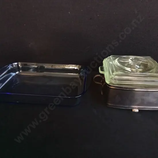 2 PIECES GLASS BAKING DISHES, INCLUDING PYREX AND STAINLESS STEEL HOLDER