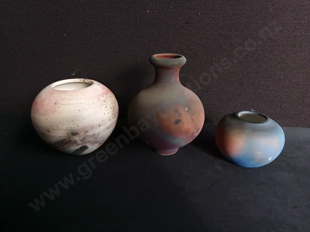 3 PIECES RAKU FIRED STUDIO POTTERY VASES Image 1++