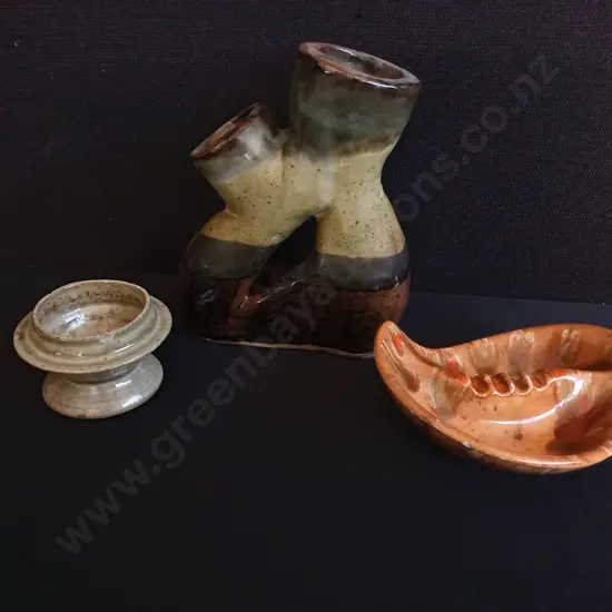 3 PIECES VINTAGE STUDIO ART POTTERY, DOUBLE SPOUT VASE, ASHTRAY AND DISH
