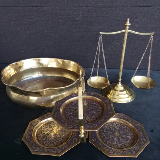 VINTAGE BRASS BALANCE SCALE PLATTER AND BOWL