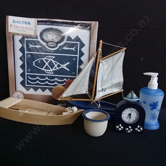 COLLECTION OF NAUTICAL DECOR, INCLUDING BRAND NEW SCALE