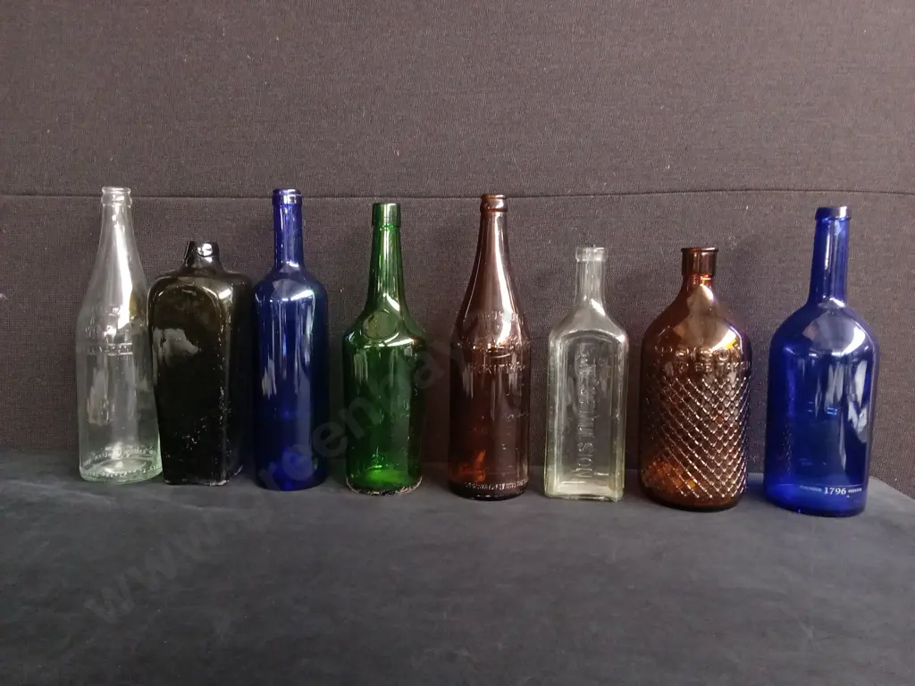 LOT OF 8 VINTAGE AND ANTIQUE LARGE GLASS BOTTLES, INCLUDING MEDICINAL, SPIRITS, SODA Image 1++