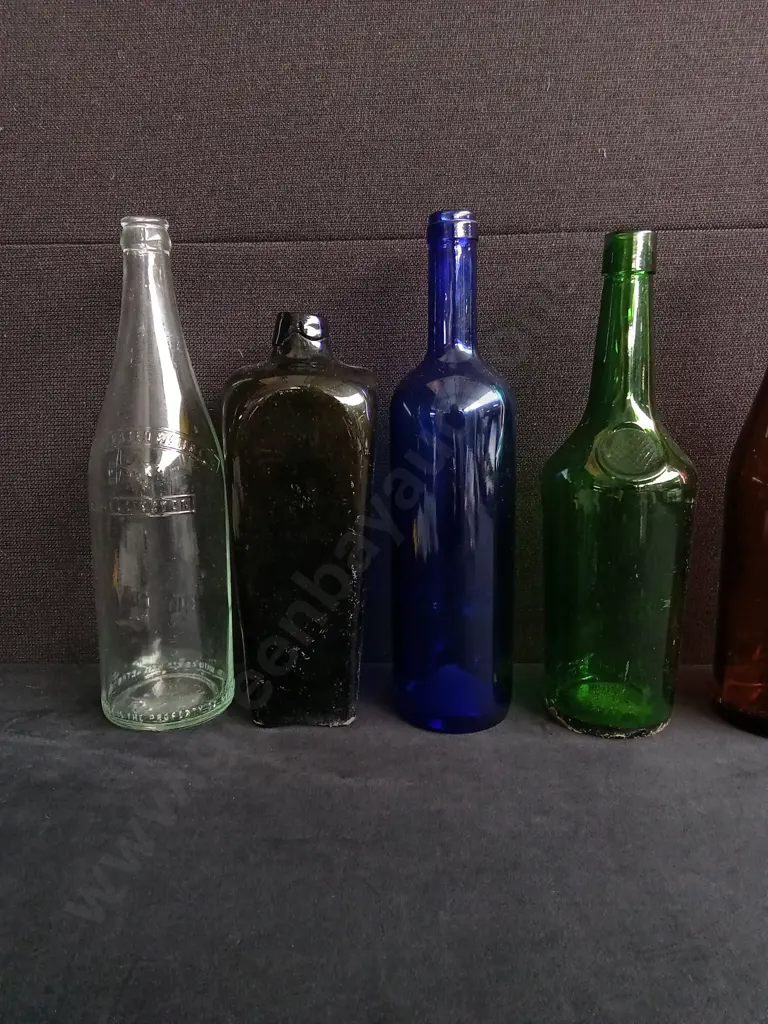 LOT OF 8 VINTAGE AND ANTIQUE LARGE GLASS BOTTLES, INCLUDING MEDICINAL, SPIRITS, SODA Image 1++