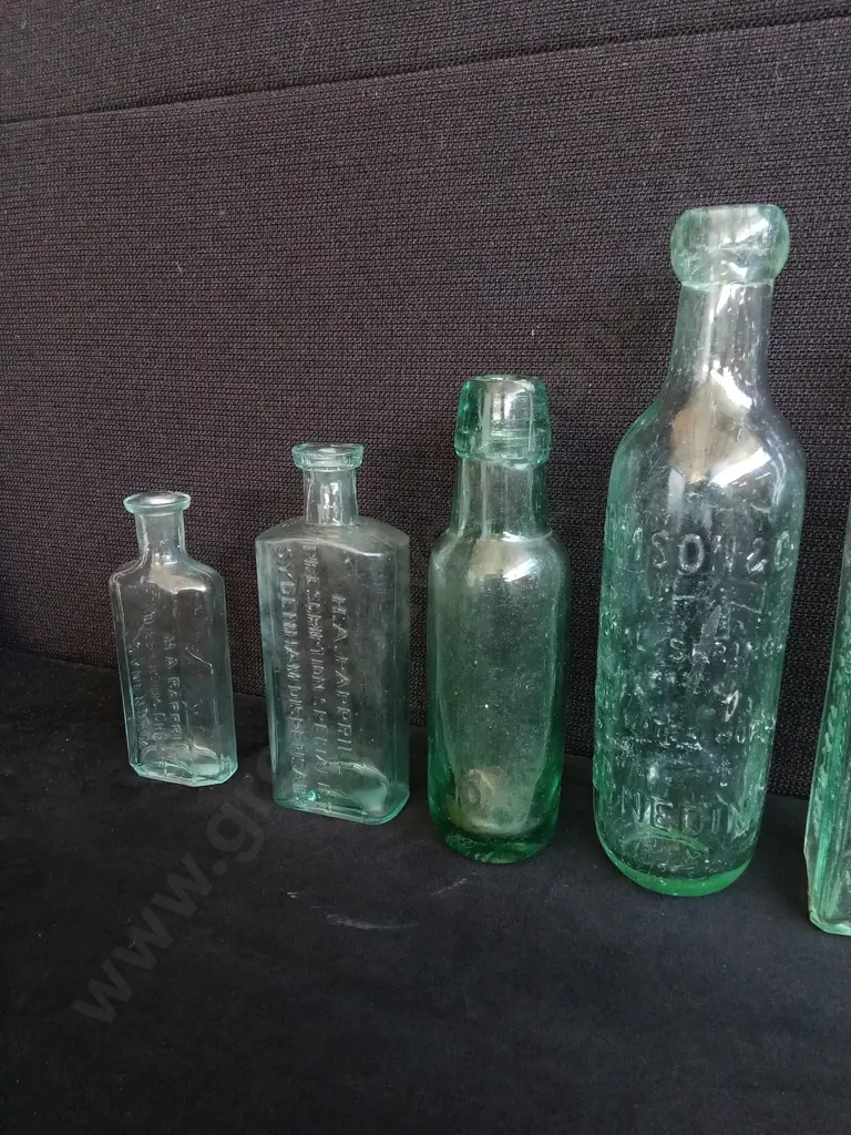 LOT OF 10 VINTAGE AND ANTIQUE LARGE GLASS BOTTLES, INCLUDING LANE'S EMULSION Image 1++