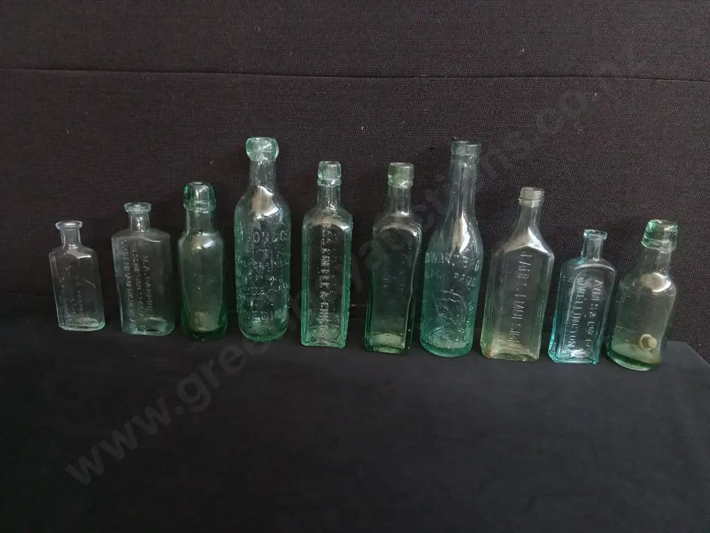LOT OF 10 VINTAGE AND ANTIQUE LARGE GLASS BOTTLES, INCLUDING LANE'S EMULSION Image 1++