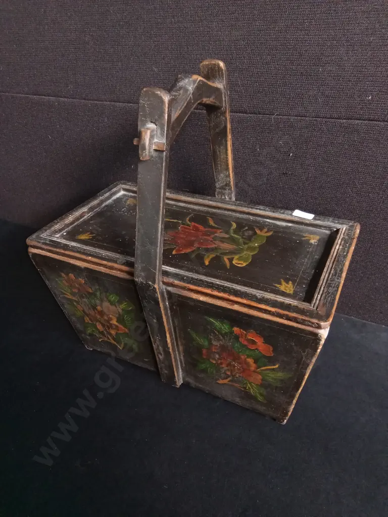 VINTAGE CHINESE WOODEN WEDDING RICE BASKET HAND PAINTED Image 1++