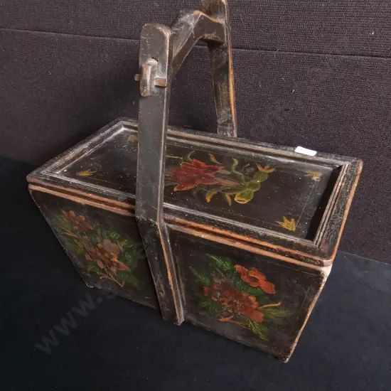 VINTAGE CHINESE WOODEN WEDDING RICE BASKET HAND PAINTED