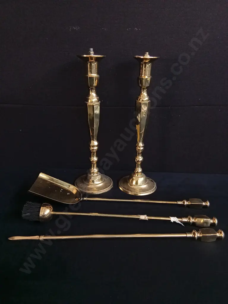 VINTAGE BRASS CANDLESTICK HOLDERS AND FIREPLACE TOOLS Image 1++