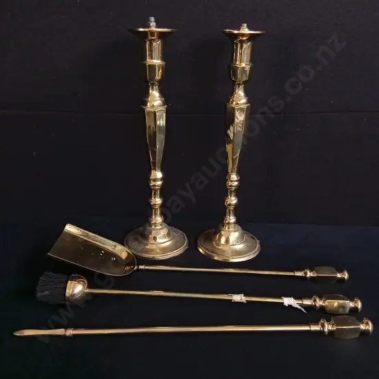 VINTAGE BRASS CANDLESTICK HOLDERS AND FIREPLACE TOOLS