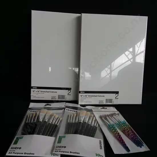 5 PIECES BRAND NEW CANVASES AND PAINTBRUSHES