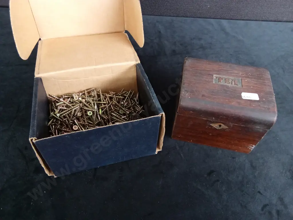 WOODEN TEA BOX AND BOX OF NAILS Image 1++