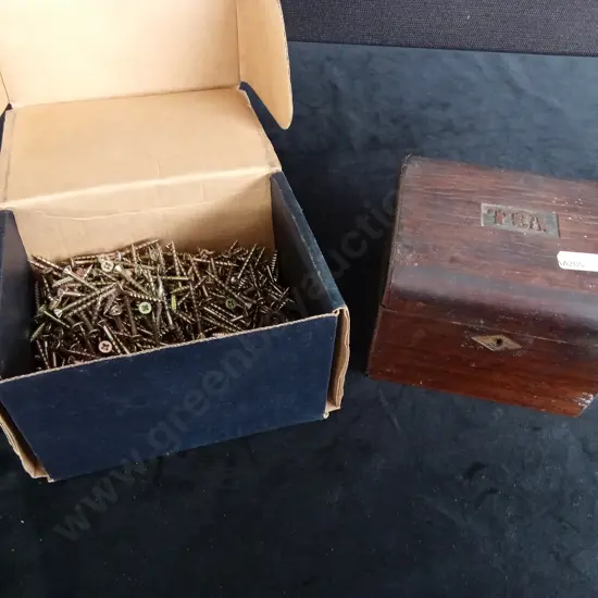 WOODEN TEA BOX AND BOX OF NAILS