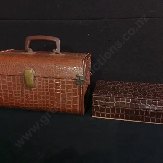 PAIR OF VINTAGE FAUX ALLIGATOR TRAIN CASE AND JEWELLERY BOX