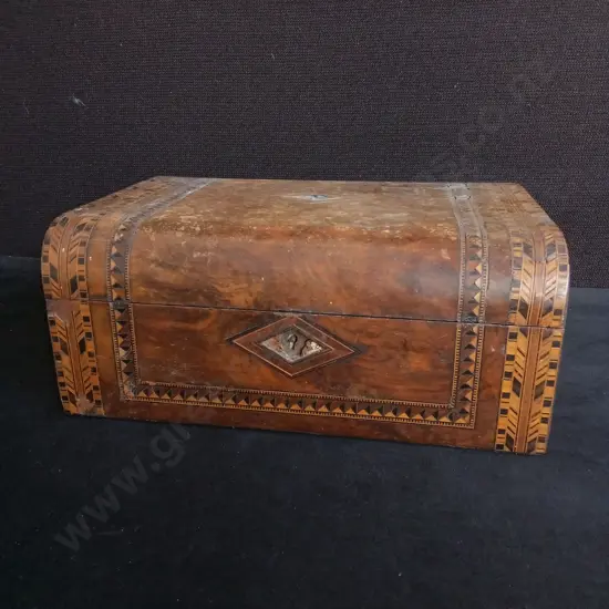 ANTIQUE BURR WALNUT WRITING SLOPE TUNBRIDGE PARQUETRY INLAY, W 30 CM