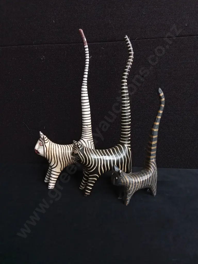 TRIO OF HANDCRAFTED WOODEN CAT FIGURES Image 1++