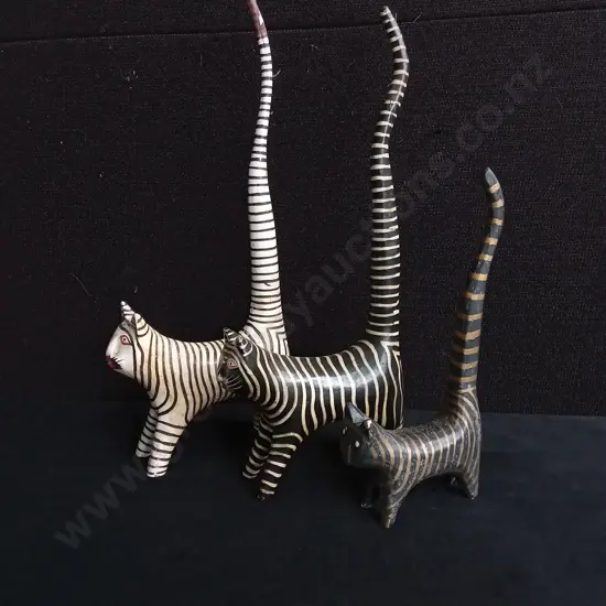 TRIO OF HANDCRAFTED WOODEN CAT FIGURES