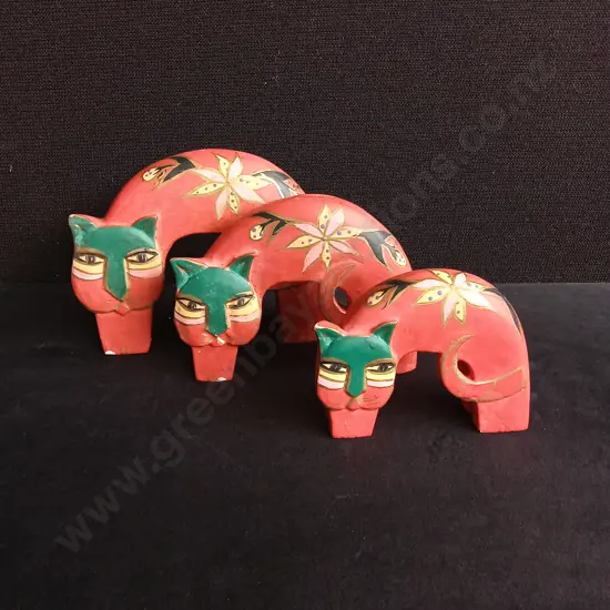 TRIO OF HAND PAINTED WOODEN CATS