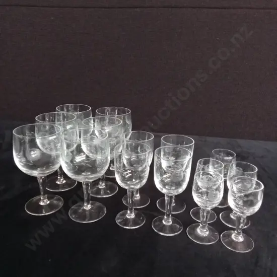 SET OF 15 ETCHED GLASSES